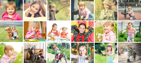 Lovely small stylish kids, girls all outdoors being active and enjoying nature, collageの写真素材