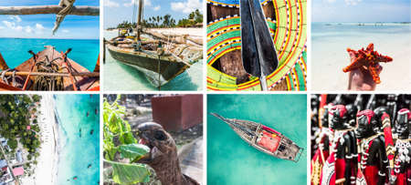 Islands lost in the ocean, primitive and simple life, boating and fishing, fauna, collageの写真素材