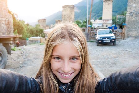 Little girl selfie in Mestia, Georgiaの写真素材