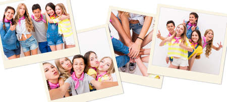 Group of teenage friends holding hands, on summer holidays, active and positive, collage