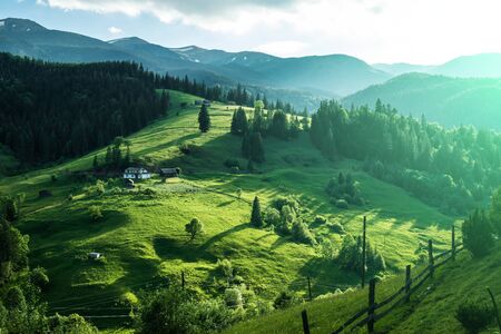 Scenic mountain landscape, summer green meadow