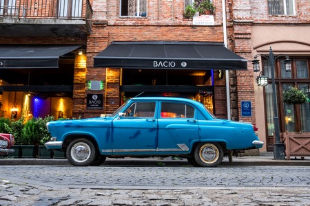 Batumi, Georgia - 27 August 2017: Blue Retro car on a Batumi street, Georgiaのeditorial素材