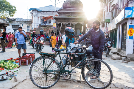 Kathmandu, Nepal - 06 October 2017: Rush on Nepalese street with people motorbikes and bicycles, Nepalのeditorial素材