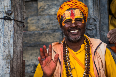 Kathmandu, Nepal - 06 October 2017: sadhu in clothes and painted face in Kathmandu city, Nepalのeditorial素材