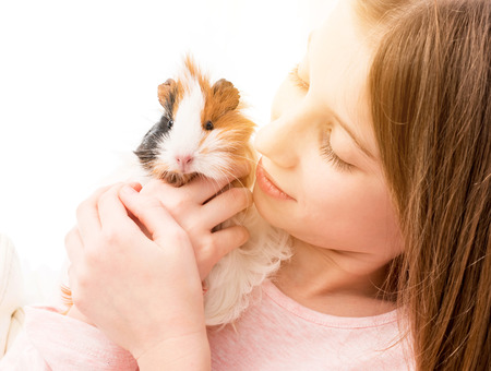 Charming little blonde girl holding guinea pig near her cheek and smilingの写真素材