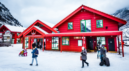 Flam, Norway - December 28, 2014: Station old Flam Railway. The Flam Line (Norwegian: Flamsbana) is a 20.2-kilometer long railway line between Myrdal and Flam in Aurland, Norway.のeditorial素材