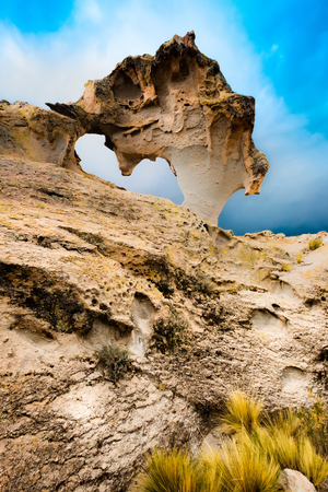 Beautiful bottom view of Bolivian mountain strange shaped huge rockの写真素材