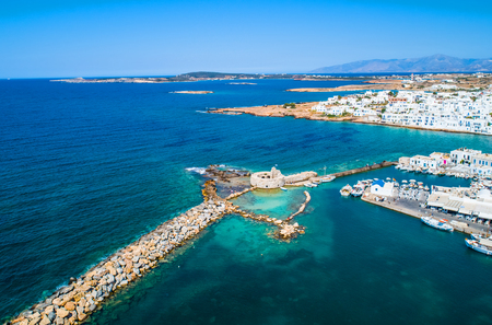 Ancient ruins of Venetian castle in the harbor of Naoussa town, view from above, Paros island, Greeceの写真素材