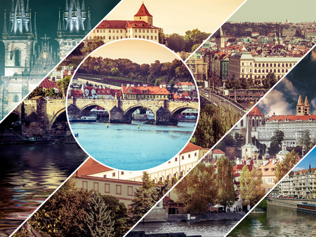 Collage of sights of Prague, Czech Republicの写真素材