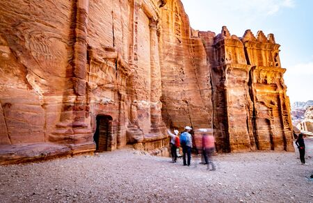 Entrance of underground ancient rock carving, royal tomb in Petra, Jordan.の写真素材