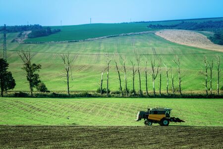 Sunshine landscape of green fields on the slopes and tractor plowing the groundの写真素材