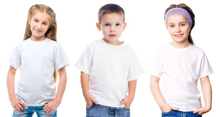 Set of kids in a white T shirts isolated on white background for your designの写真素材