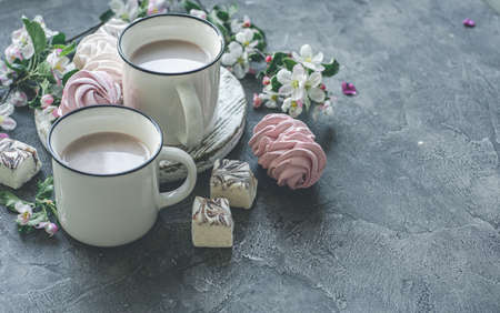 Delicious zephyr and cups with cocoa next to blooming spring flowersの写真素材