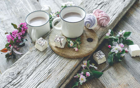 Cups with cocoa and marshmallows and flowersの写真素材