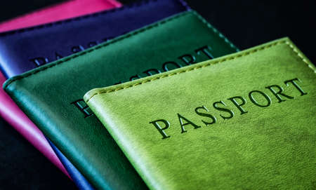 passports in leather covers closu upの写真素材