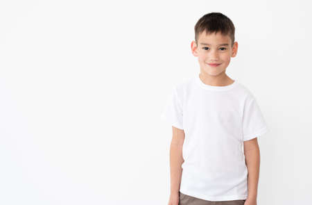 Cute little boy wearing blank white t-shirtの写真素材