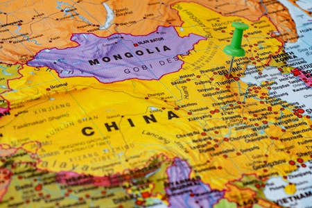 Marker on political map of Beijing in China, close upの写真素材
