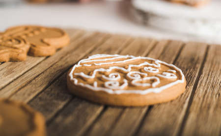 Closeup of cookie decorated with creamの写真素材