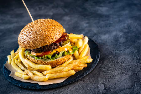 Juicy burger on stone plate with french fries