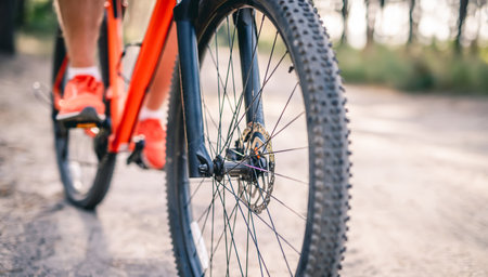 Cyclist in sneakers riding bicycle through pine forest
