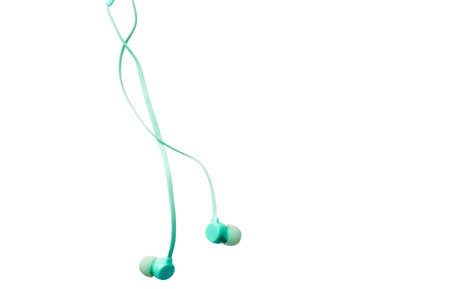 Digital light-blue earbuds isolated on white backgroundの写真素材