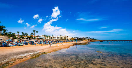 Gorgeous tropic seaside with beatiful transparent sea and sunbeds