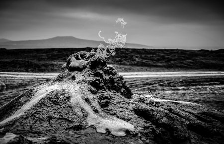 Burning gas in the mud volcanoes of Gobustan, Azerbaijan in black and white