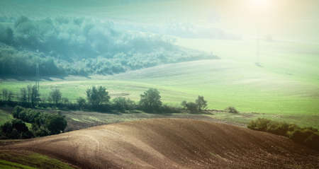 Beautiful panorama overlooking the field at sunriseの写真素材