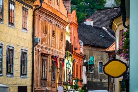 Czech flags on facade of building in Krumlovの写真素材