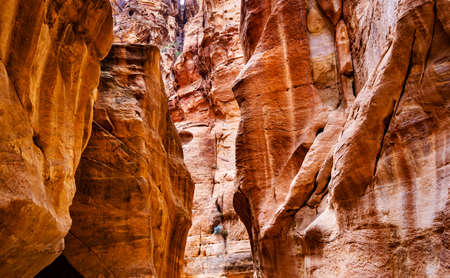 Canyon narrow path way between steep rocks, Petra, Jordanの写真素材