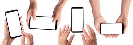 Smartphones with blank screens in hands isolated on white backgroundの写真素材
