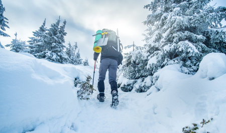 Tourist with equipment climbing snowy mountain in winterの写真素材