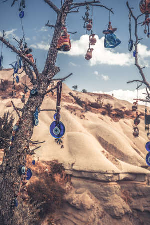 Amulets against evil eye hanging on tree branchの写真素材
