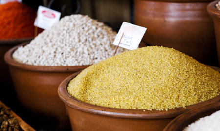 Bulgur in bowl on marketの写真素材