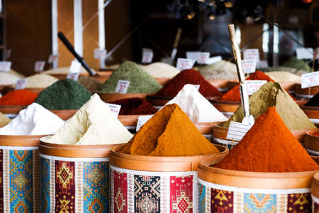 Spice market with assortment of condimentsの写真素材