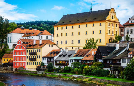 View on buildings behind river in Czech Krumlovの写真素材