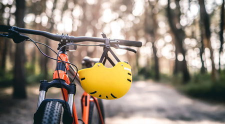 Bicycle and helmet on handlebarの写真素材