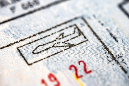 International travel visa passport stamp. Macro detail of European Union border