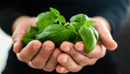 Fresh green basil leaves in girls handsの写真素材