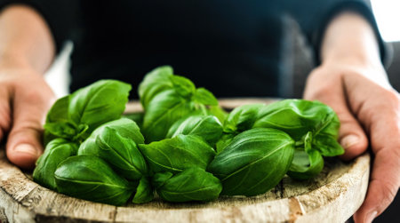 Fresh green basil leaves on a wooden board in handsの写真素材