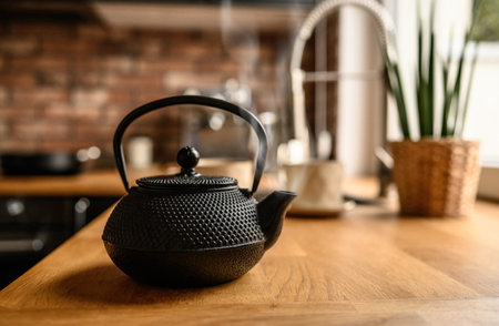 Black metal teapot with hot tea at the kitchenの写真素材