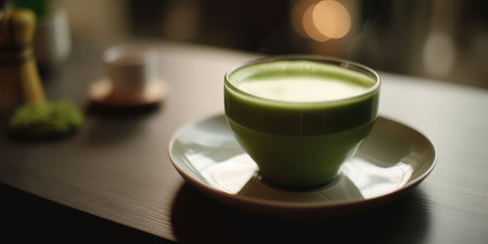 Matcha green tea in a cup on a blurred background, generative AIの素材