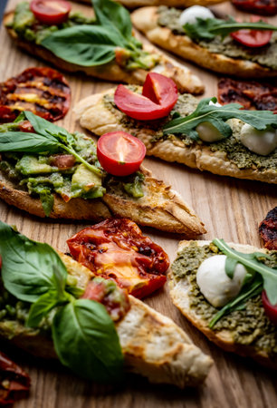 Set of bruschettas with pesto, guacamole, grilled tomatoes, mozzarella cheese, basil and arugula on wooden board. Italian tosted bread with vegetables and traditional saucesの写真素材