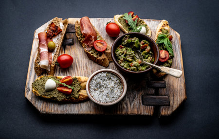 Set of bruschettas with jamon, olives, pesto, tomatoes and basil served on wooden board with guacamole and salt with herbs. Stylish food composition with mediterranean antipastiの写真素材