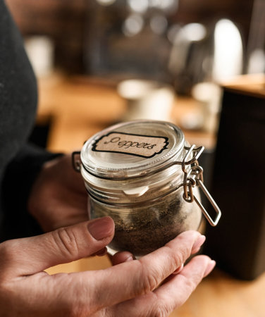 Girl hand opening jar with peppers at kitchen for dish aroma and flavor. Mix of red vegetales for...