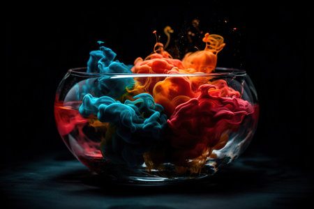Magical Color paints in a glass bowl on the black background, generative AIの素材