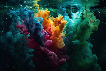 cloud of color paints in water on a dark background, generative AIの素材