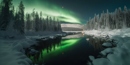 amazing night panoramic view mountain lake with Northern Lights in winter, green Aurora lights in the sky, generative AIの素材