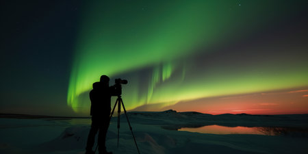 silhouette of photographer with a tripod who takes a photo of amazing nature phenomenon known as Aurora lights in the night sky, generative AIの素材