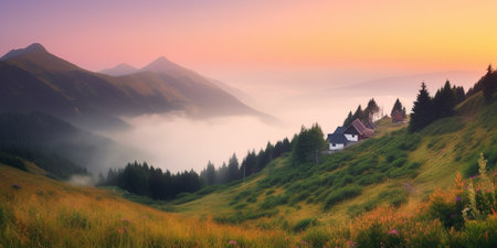 amazing panoramic view on a Mountain Valley in the fog from the high mountain top view, generative AIの素材
